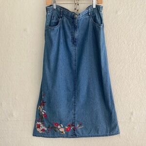 Vintage 220 Hickory cotton denim maxi skirt / embroidery, pockets front fly MP